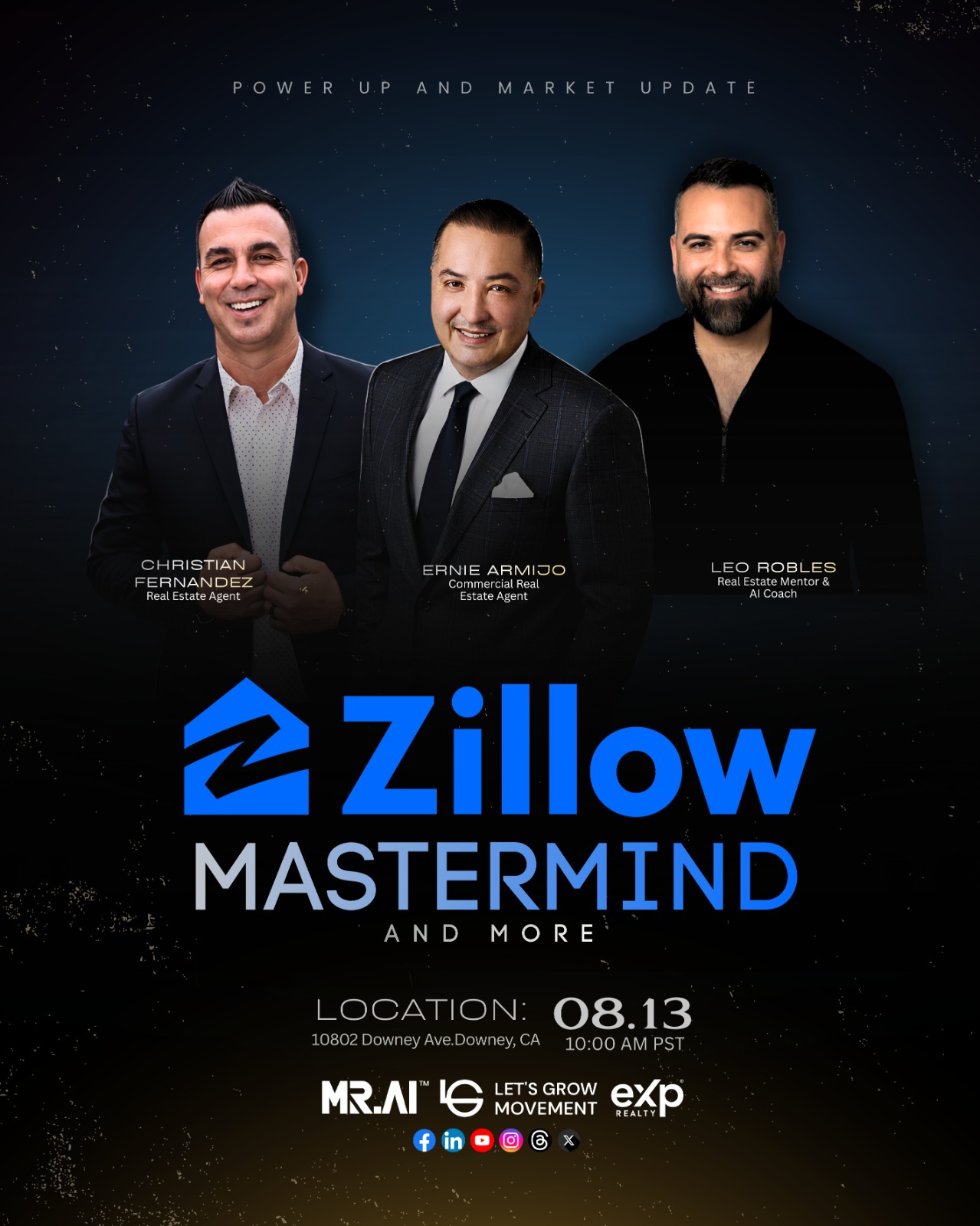 Zillow Mastermind and More event flyer — August 13, 10:00 AM PST, 10802 Downey Ave, Downey, CA, with speakers Christian Fernandez, Ernie Armijo, and Leo Robles